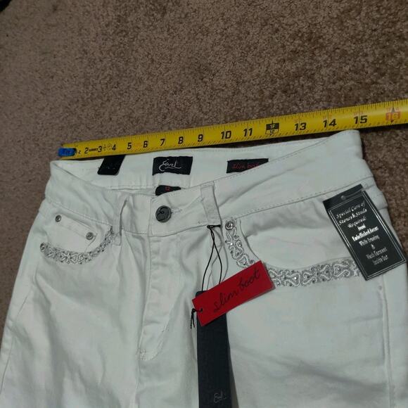 Earl Jeans Womens 12 ( 31 x 30 ) White Embroidered Flap Pockets Slim Boot New - Picture 8 of 12
